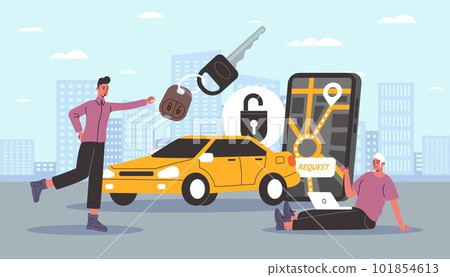 Taxi service. Mobile application for car finding. Cartoon people characters calling automobile to specific address. Men with auto key. Cab request. Smartphone app users. Vector concept 101854613