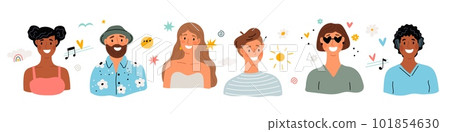 Positive thinking. Shoulder portraits of happy people. Pleasant thoughts flying around heads. Relaxed dreaming characters. Smiling men and women. Emotion expression. Garish vector set 101854630