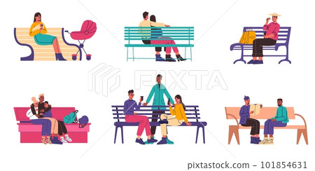 People sit on bench. Cute citizens rest on city seats different types. Friends meeting in park. Young mothers together with children outdoor. Couples in love. Vector walking persons set People sit on bench. Cute citizens rest on city seats different types. Friends meeting in park. Young mothers together with children outdoor. Couples in love. Vector walking persons set 101854631