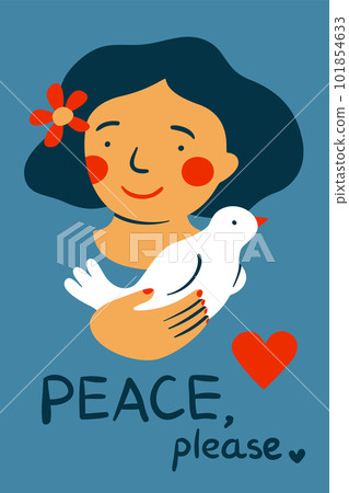 Peace card. Female portrait. Woman with dove. Pacifism poster. Girl smiling face. Peaceful pigeon. Heart and flower. International holiday. Peacekeeping and humanism. Vector illustration Peace card. Female portrait. Woman with dove. Pacifism poster. Girl smiling face. Peaceful pigeon. Heart and flower. International holiday. Peacekeeping and humanism. Vector illustration 101854633