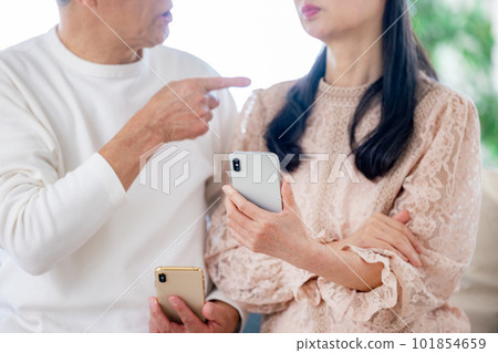 Senior couple watching a smartphone Senior couple watching a smartphone 101854659
