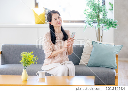Senior woman looking at a smartphone in the living room 101854684