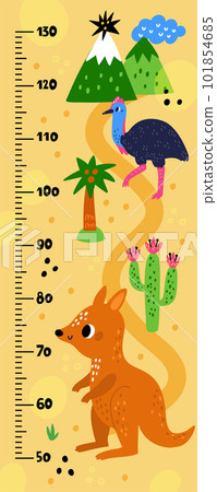 Kids growth ruler. Australian animals. Childish measuring centimeter scale. Funny kangaroo or emu. Wall meter. Children growing measurement. Desert landscape. Vector stadiometer design Kids growth ruler. Australian animals. Childish measuring centimeter scale. Funny kangaroo or emu. Wall meter. Children growing measurement. Desert landscape. Vector stadiometer design 101854685
