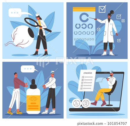 Eye doctors scene. Ophthalmic examination. Eyesight treatment. Ophthalmologist examining patient. Vision check. Drops appointment. Optometrists consultation. Vector ophthalmology set Eye doctors scene. Ophthalmic examination. Eyesight treatment. Ophthalmologist examining patient. Vision check. Drops appointment. Optometrists consultation. Vector ophthalmology set 101854707