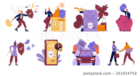 Accident insurance scenes. People trying to protect themselves financially. Care and help. Journey protection. Health and property shield. Guarantee document. Life insuring vector set 101854758