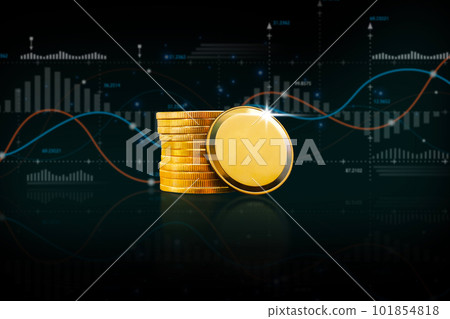 Blank gold coin or crypto currency with analytics graph blurred on black background 101854818