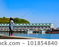 Girl fishing alone on harbor embankment 101854840