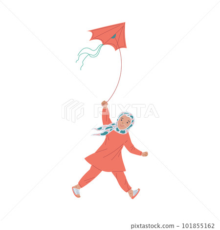 Muslim Arab child girl flying a kite, flat vector illustration isolated. Muslim Arab child girl flying a kite, flat vector illustration isolated. 101855162