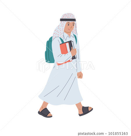 Arabic Muslim school boy cartoon character, flat vector illustration isolated. 101855163