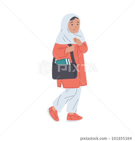 Cute arab girl walking to school with books in bag, flat vector illustration isolated on white background. Cute arab girl walking to school with books in bag, flat vector illustration isolated on white background. 101855164