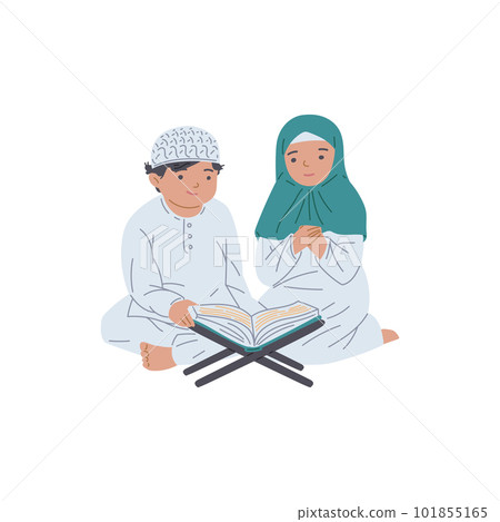 Arabic children reading Noble Quran together, flat vector illustration isolated. 101855165