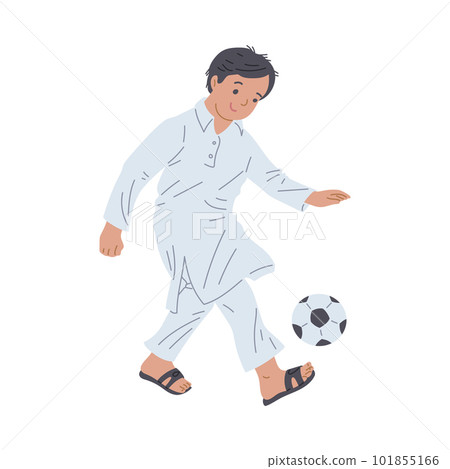 Happy arab boy playing football game, flat vector illustration isolated on white background. Happy arab boy playing football game, flat vector illustration isolated on white background. 101855166