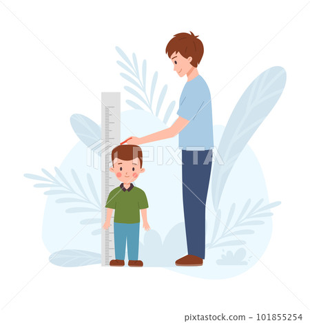 Father measures his son height with stadiometer vector illustration isolated. Father measures his son height with stadiometer vector illustration isolated. 101855254