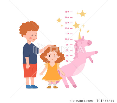 Children measuring height of girl with unicorn wall meter flat style Children measuring height of girl with unicorn wall meter flat style 101855255
