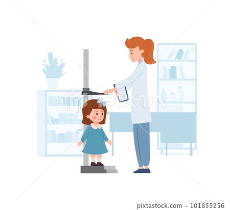 Doctor measuring kid girl's height with special tool flat style Doctor measuring kid girl's height with special tool flat style 101855256