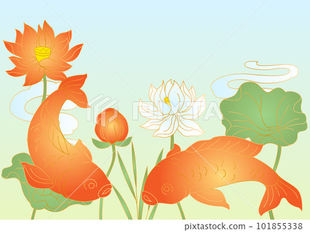 Oriental fish and lotus illustration. Chinese and japanese traditional background. Oriental fish and lotus illustration. Chinese and japanese traditional background. 101855338