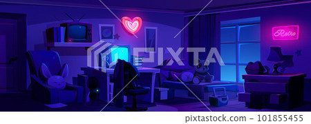 Night y2k girl bedroom interior with neon heart 101855455