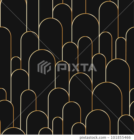 Boho arch seamless pattern. Geometric art deco simple background. Golden circular arc in linear style. Seamless abstract modern geometric pattern. Vector illustration on black background Boho arch seamless pattern. Geometric art deco simple background. Golden circular arc in linear style. Seamless abstract modern geometric pattern. Vector illustration on black background 101855466