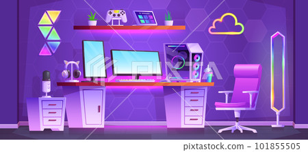 Neon teen streamer room interior with desk and pc 101855505
