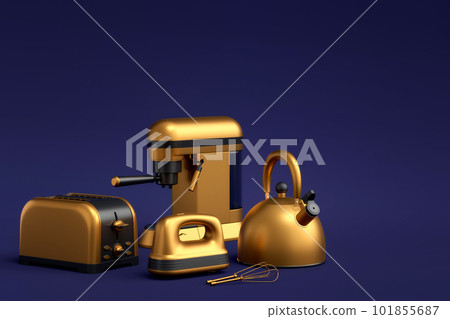 Espresso coffee machine, hand mixer, kettle and toaster on blue background. Espresso coffee machine, hand mixer, kettle and toaster on blue background. 101855687