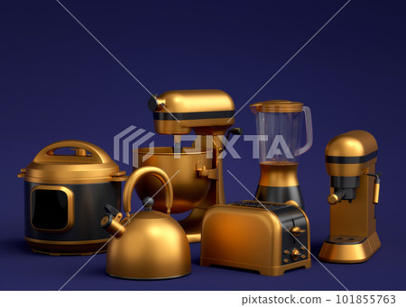 Electric kitchen appliances and utensils for making breakfast on blue background Electric kitchen appliances and utensils for making breakfast on blue background 101855763