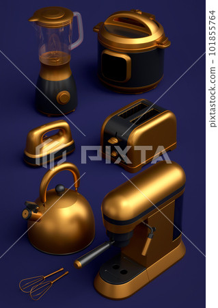 Electric kitchen appliances and utensils for making breakfast on blue background 101855764