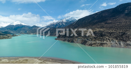 Aerial view of beautiful snow mountains and lake in Tibet,China 101855819
