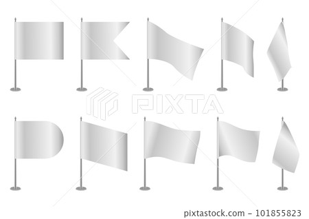 Realistic table flags mega set elements in flat design. Bundle of white flags with different shapes of edges. Empty flagpoles for branding presentation. Vector illustration isolated graphic objects 101855823