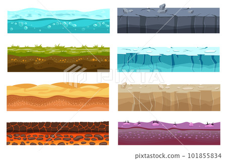 Game level ground mega set elements in flat design. Bundle of water, grass with soil, desert sand, hot lava, stone, snow and ice, rockland templates. Vector illustration isolated graphic objects 101855834