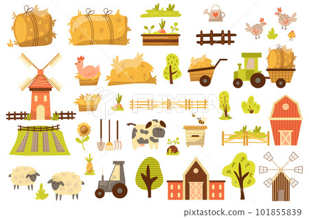 Farming mega set elements in flat design. Bundle of growing vegetables, poultry farming, animal husbandry, horticulture, beekeeping, harvesting, farmland. Vector illustration isolated graphic objects 101855839