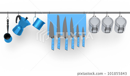 Set of kitchen utensil, stewpot, frying pan and chrome cookware hanging on shelf Set of kitchen utensil, stewpot, frying pan and chrome cookware hanging on shelf 101855843