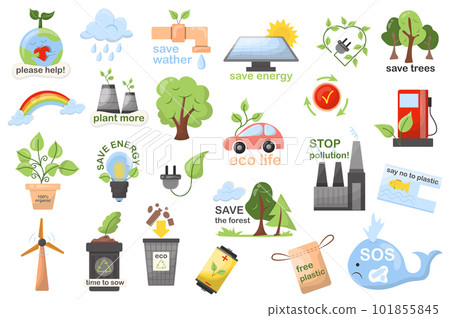 Ecology mega set elements in flat design. Bundle of protect environment, eco life, save nature and planet, recycle, renewable and alternative energy. Vector illustration isolated graphic objects 101855845