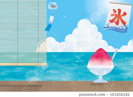 Summer seascape, shaved ice and bamboo blinds watercolor painting 101856282