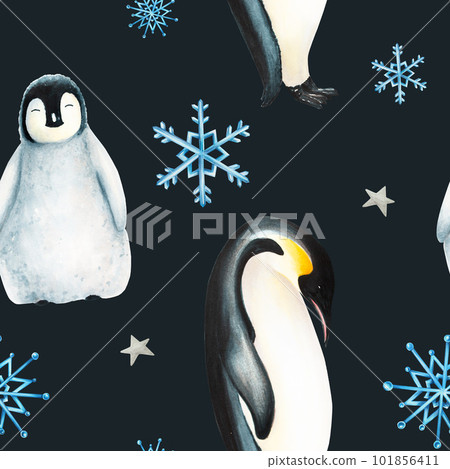 Watercolor winter seamless pattern illustration of a king penguin under snowflakes isolated. Hand painting realistic Arctic and Antarctic ocean mammals. For designers, decoration, postcards, wrapping Watercolor winter seamless pattern illustration of a king penguin under snowflakes isolated. Hand painting realistic Arctic and Antarctic ocean mammals. For designers, decoration, postcards, wrapping 101856411