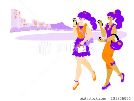 travel_shopping_girl_兩個享受旅行和購物的女人_簡約時尚插畫 101856995