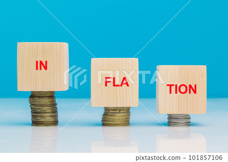INFLATION word on a wooden cube on coins in idea consider interest rate hike, world economics, and inflation control, US dollar inflation INFLATION word on a wooden cube on coins in idea consider interest rate hike, world economics, and inflation control, US dollar inflation 101857106