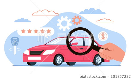 Review and evaluation of condition of car, automobile rating. Hand hold magnifying glass, customers rate with stars. Buying new auto service. Cartoon flat illustration. Vector concept Review and evaluation of condition of car, automobile rating. Hand hold magnifying glass, customers rate with stars. Buying new auto service. Cartoon flat illustration. Vector concept 101857222