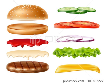 Realistic burger ingredients kit. Isolated 3d wheat bun with sesame seeds, ketchup, mayonnaise, vegetables and meat patty, onion and cheese, delicious fast food constructor utter vector set 101857227
