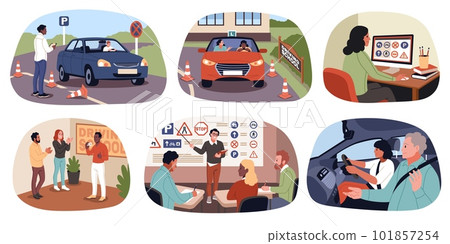 People at driving car school. Student study rules of road, practical and theoretical education, distance lessons, drivers in car in city and parking, cartoon flat illustration, tidy vector set 101857254