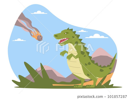 Meteorite falling to Earth and making dinosaurs extinct. Planet evolution. Asteroid explosion. Prehistoric era. Childish book or print. Cartoon flat style isolated dino vector concept 101857287