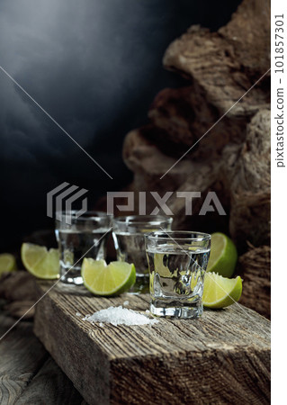 Tequila with salt and lime slices. Tequila with salt and lime slices. 101857301