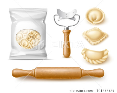 Making dumplings accessories. Realistic packaged product, dough with meat filling, delicious asian and caucasian food, wooden rolling pin, 3d isolated elements blank packaging utter vector set Making dumplings accessories. Realistic packaged product, dough with meat filling, delicious asian and caucasian food, wooden rolling pin, 3d isolated elements blank packaging utter vector set 101857325