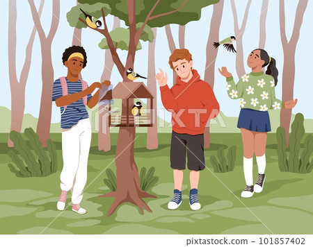 Children feed birds. Happy boys and girls pour food into feeder for titmouses, walk in forest park, wooden birdhouse, teens in modern clothes walking, cartoon flat style tidy vector concept Children feed birds. Happy boys and girls pour food into feeder for titmouses, walk in forest park, wooden birdhouse, teens in modern clothes walking, cartoon flat style tidy vector concept 101857402