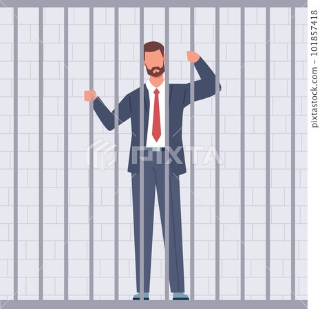 Businessman in cell in prison, man behind bars or in jail. Standing inside cage. Corrupt politician or entrepreneur who has not paid taxes. Cartoon flat style isolated vector concept 101857418