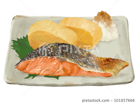 逼真的烤三文魚和玉子燒(菜、蘿蔔泥、紫蘇) 逼真的烤三文魚和玉子燒(菜、蘿蔔泥、紫蘇) 101857666