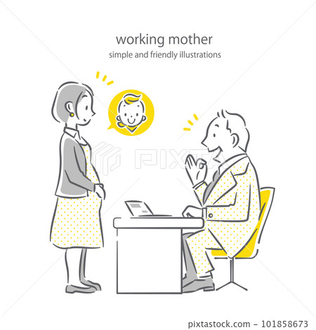 A woman applying for childcare leave and her understanding boss Simple and stylish line drawing illustration A woman applying for childcare leave and her understanding boss Simple and stylish line drawing illustration 101858673