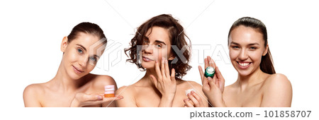 Collage. Beautiful young women with healthy, glowing, clear face taking care after skin with natural cosmetics, face moisturizing cream Collage. Beautiful young women with healthy, glowing, clear face taking care after skin with natural cosmetics, face moisturizing cream 101858707