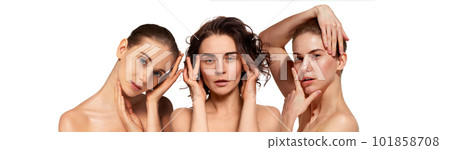 Collage. Three beautiful young women with healthy, clear face without makeup over white background. Concept of natural beauty, skin care Collage. Three beautiful young women with healthy, clear face without makeup over white background. Concept of natural beauty, skin care 101858708