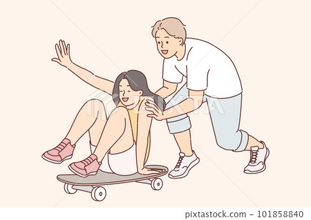 Young couple fun in skate park, enjoying pleasure of relaxing together and riding skateboard Young couple fun in skate park, enjoying pleasure of relaxing together and riding skateboard 101858840