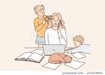 Mother works as freelancer at home and sits with children suffering from lack of workspace Mother works as freelancer at home and sits with children suffering from lack of workspace 101858843
